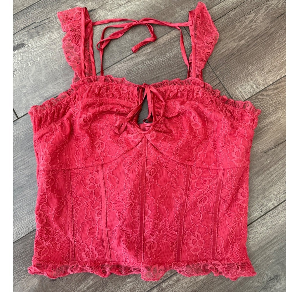 Willow + Root Red Lace Corset Top Ruffle Straps Lace Up Back Womens Large